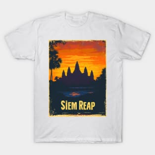 This vintage travel poster showcases the iconic silhouette of Siem Reaps ancient temples against a breathtaking sunset, reflecting the T-Shirt